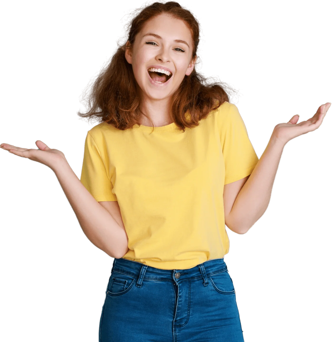 Smiling young woman in yellow shirt with hands raised, showing bright teeth